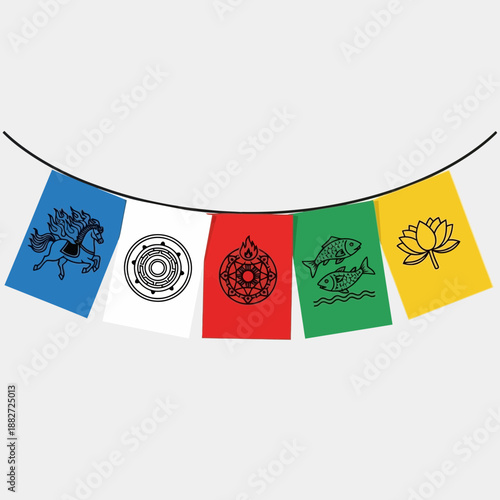 Colorful prayer flags with symbols strung on a cord.