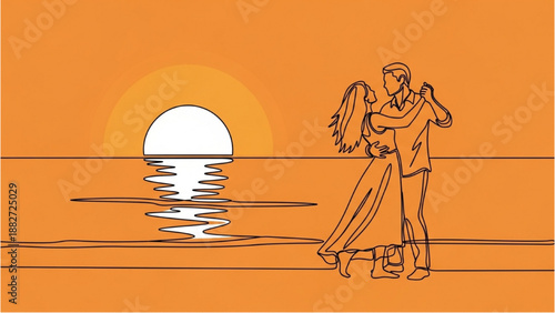 High-quality black continuous line art of a romantic couple dancing together at sunset by the sea