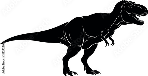 Tyrannosaurus rex silhouette illustration, black dinosaur predator isolated on white background, prehistoric animal graphic, fossil era wildlife design