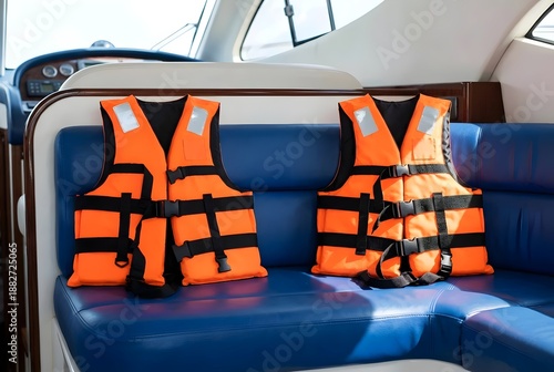 Two Bright Orange Life Jackets on a Blue Leather Boat Seat