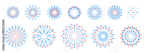Set of holiday colorful firework explosion isolated on white background. Independence day of America. Vector illustration