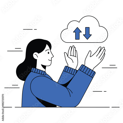 A cartoon woman interacting with a cloud icon on a transparent background