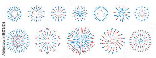 Set of holiday colorful firework explosion isolated on white background. Independence day of America. Vector illustration