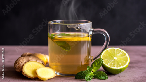 Steaming ginger lemon tea with mint and lime on dark background