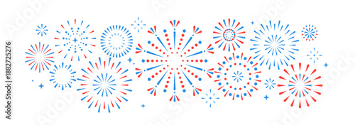 Set of holiday colorful firework explosion isolated on white background. Independence day of America. Vector illustration