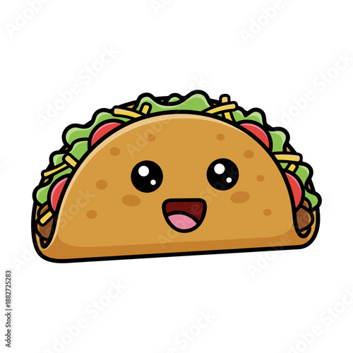 Happy cartoon taco with smiling face colorful toppings flat design
