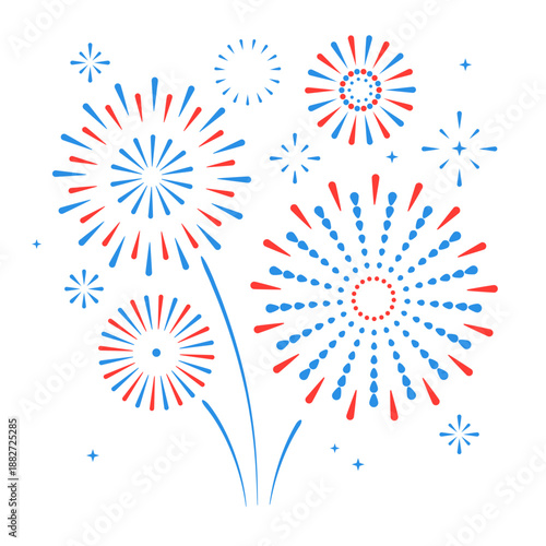 Set of holiday colorful firework explosion isolated on white background. Independence day of America. Vector illustration