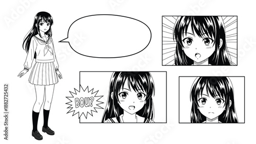Anime style girl in a school uniform shown in various expressions with a blank speech bubble for manga storytelling or comics.