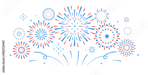 Set of holiday colorful firework explosion isolated on white background. Independence day of America. Vector illustration