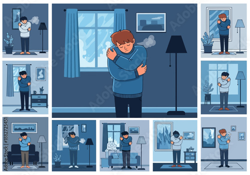 Man shivering from cold, exhaling visible breath indoors.