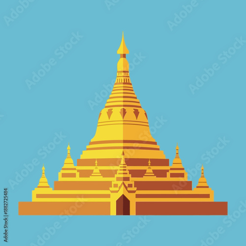 Golden tiered stupa with ornate spires and arched entrances.