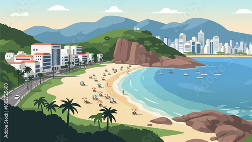 A vibrant coastal cityscape with a busy beach, lush green hills, and sailboats