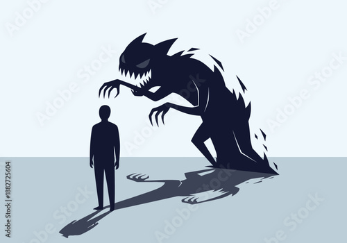 Man facing a large shadowy monster with sharp teeth and claws.