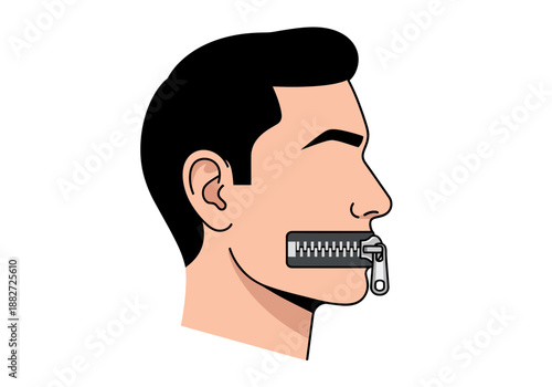 Man with zipper over mouth symbolizing silence and censorship.