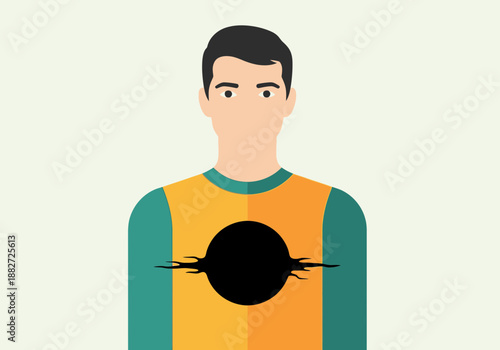 Man with black hole in chest, representing emptiness or void.