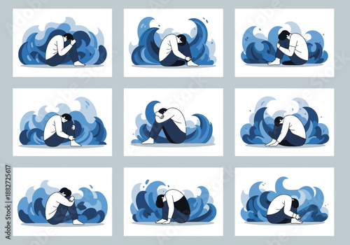Person overwhelmed by blue waves, depicted in nine panels.