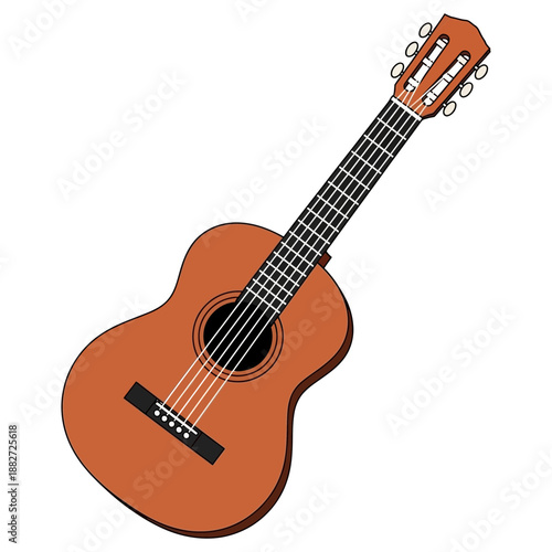 A classical acoustic guitar with six strings and wooden body.