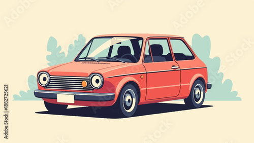 A vibrant coral-red, retro hatchback car with a minimalist aesthetic, parked outdoors