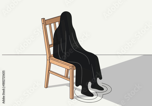 Figure draped in black fabric sits on a wooden chair.