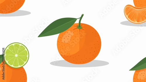 A vibrant, flat design illustration featuring citrus fruits like oranges and limes