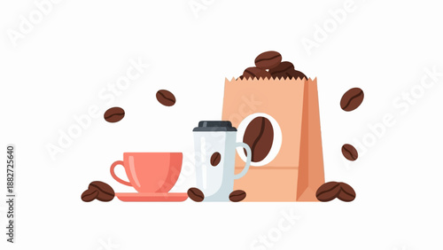 A vibrant flat illustration of coffee beans, cups, and a bag