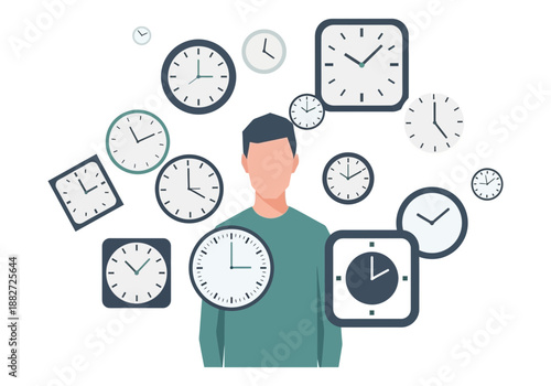Man surrounded by many clocks indicating time management.