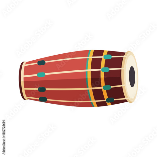 A red barrel drum with decorative bands and a black opening.