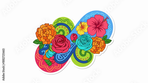 A vibrant floral arrangement with swirling decorative elements