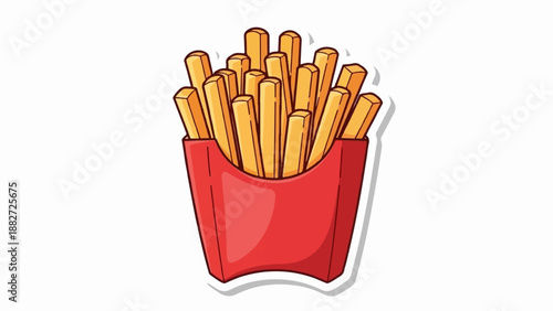 A vibrant illustration of golden French fries overflowing from a red paper carton
