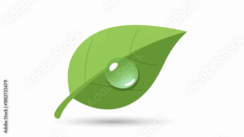 A vibrant green leaf with a single dewdrop reflects light