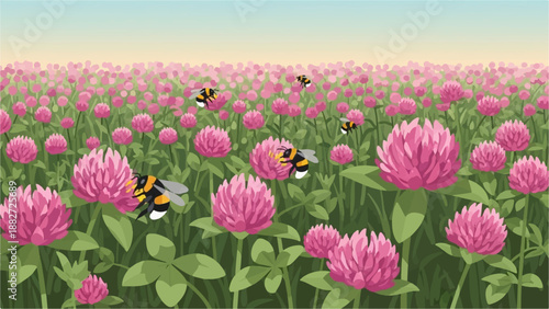 A vibrant meadow filled with pink clover flowers and buzzing bumblebees