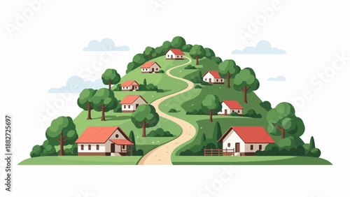 A serene village of houses nestled on a lush, green hill under a cloudy sky