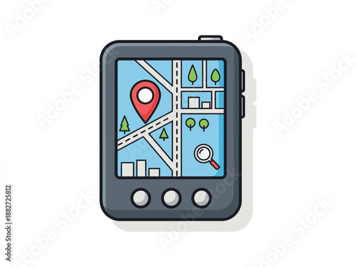 Flat minimalist GPS navigator device icon showing map screen with red location pin and search magnifier.