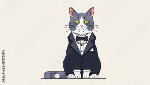 A stylized grey and white cat wears a dark tuxedo with a pearl necklace