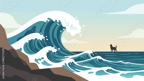 A silhouette of a dog stands on the water's edge as a large wave crashes ashore