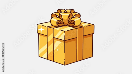 A shiny golden gift box with a decorative bow, presented on a plain background