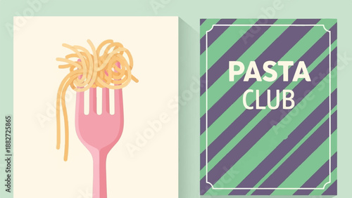 A pink fork holds a mound of spaghetti against a pale background, next to a striped poster