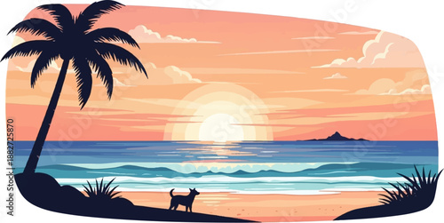 A silhouette of a dog watches a vibrant sunset over the ocean with a palm tree