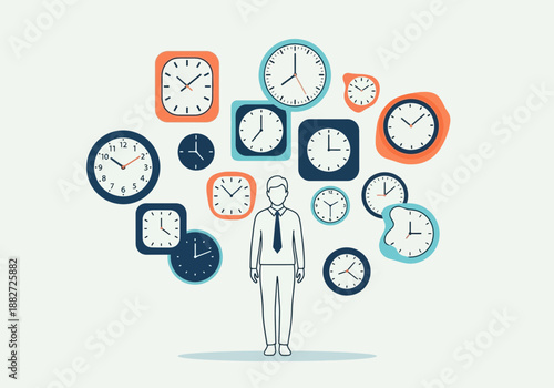 Man surrounded by many clocks representing time management and deadlines.