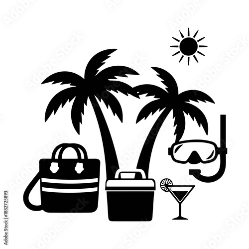 vector illustration of a tropical beach silhouette with holiday gear and swimming gear.