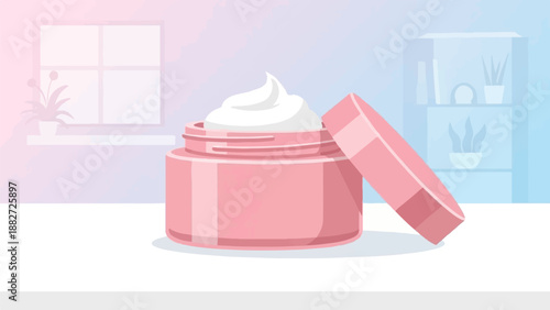 A pink jar of cream sits on a table with plants and a window in the background