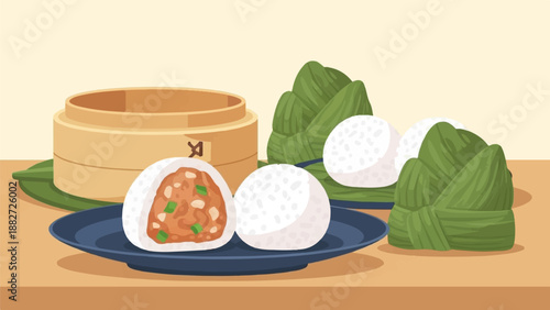 A pixel art illustration of a traditional food spread including rice dumplings and a bamboo steamer