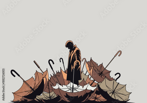 Person stands amidst a pile of open and closed umbrellas.