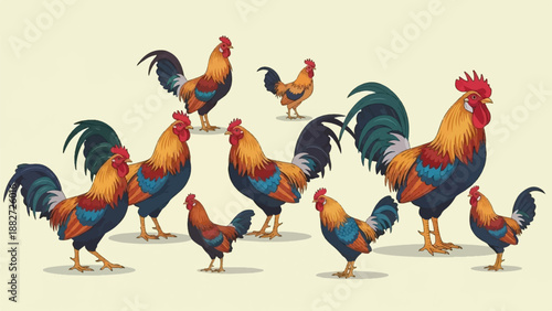 A pixel art illustration of several colorful roosters on a light background
