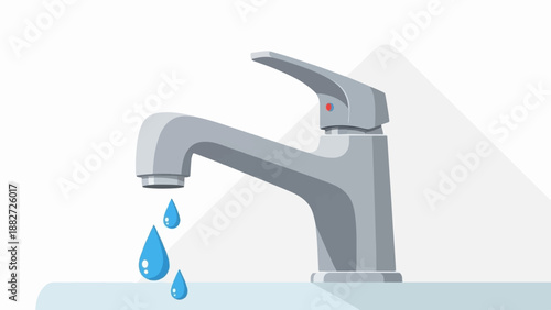 A modern grey faucet drips blue water into a light blue basin