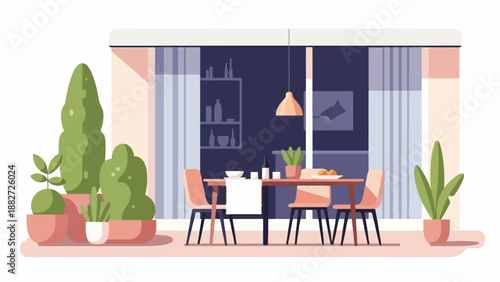 A modern dining area with plants and a table set for a meal