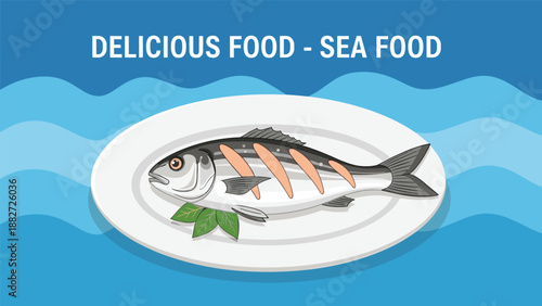 Delicious grilled whole fish served on a white oval plate with green garnishes against a wavy blue and white background.