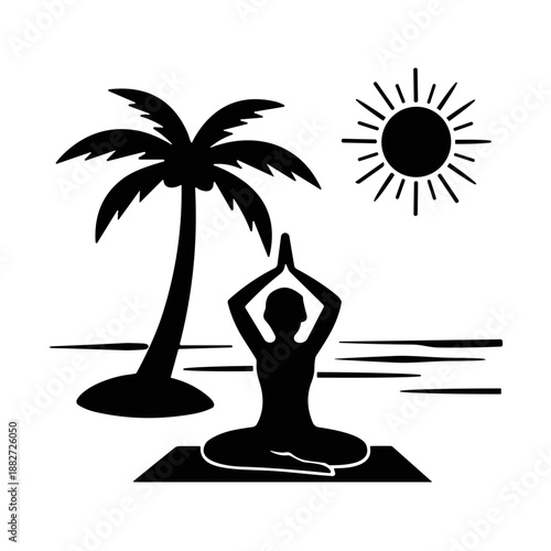 icon illustration silhouette of palm trees on the beach with a woman doing yoga vector.
