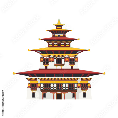 Ornate multi-tiered building with red and yellow roofs.