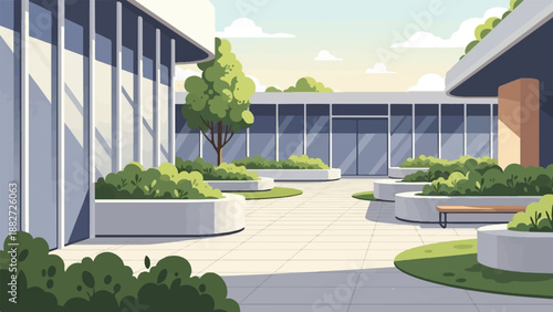 A pixel art scene of an outdoor modern building courtyard with planters and trees